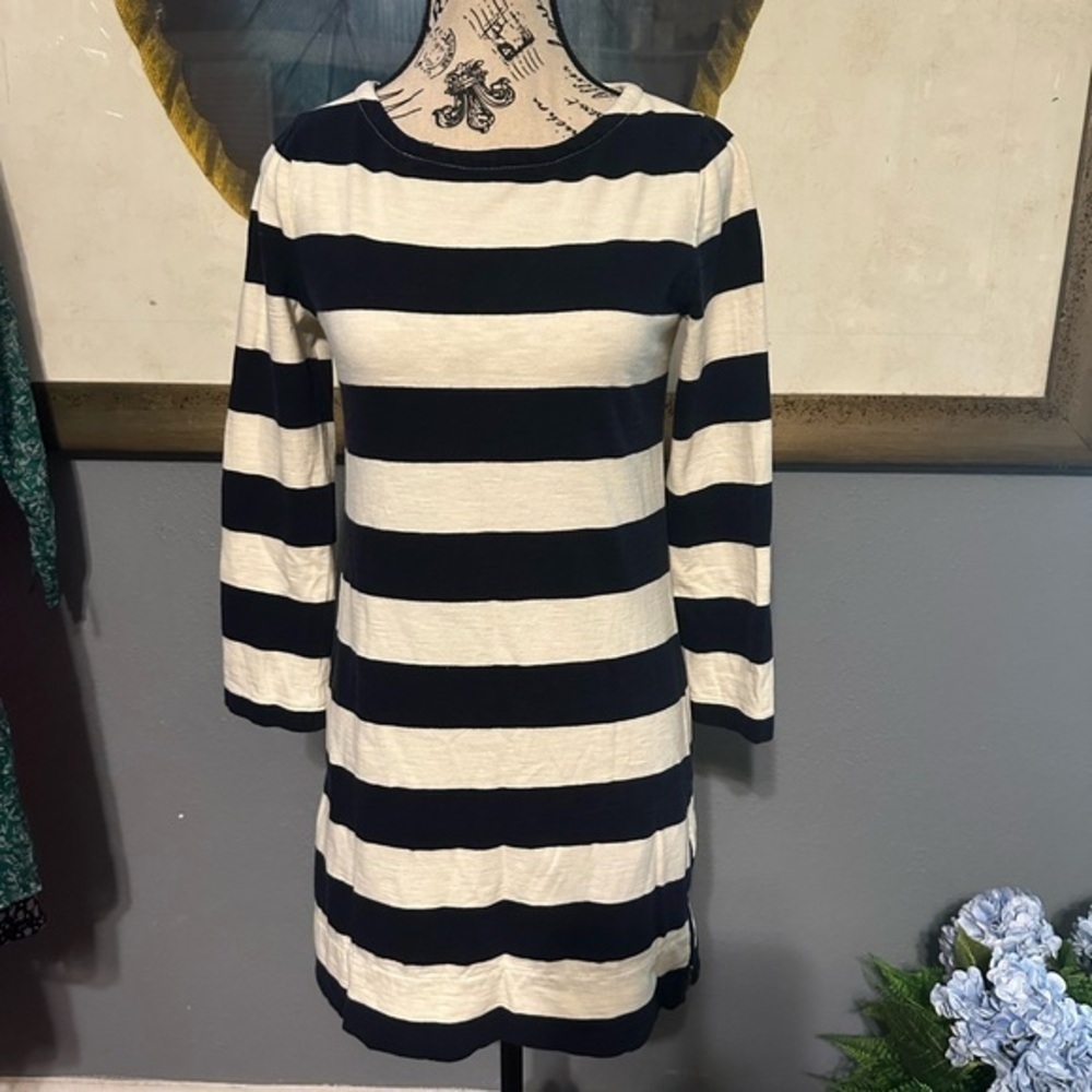 J crew heavy cotton blue and cream stripe dress. Fits small too